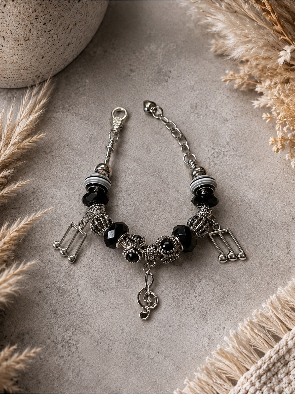Handmade Black and Silver Music Charm Bracelet